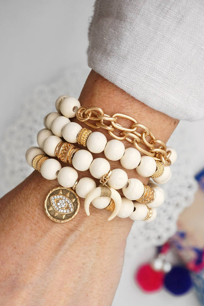 Beaded Boho Bracelets set of 4 Gold Coin Cream wood beads