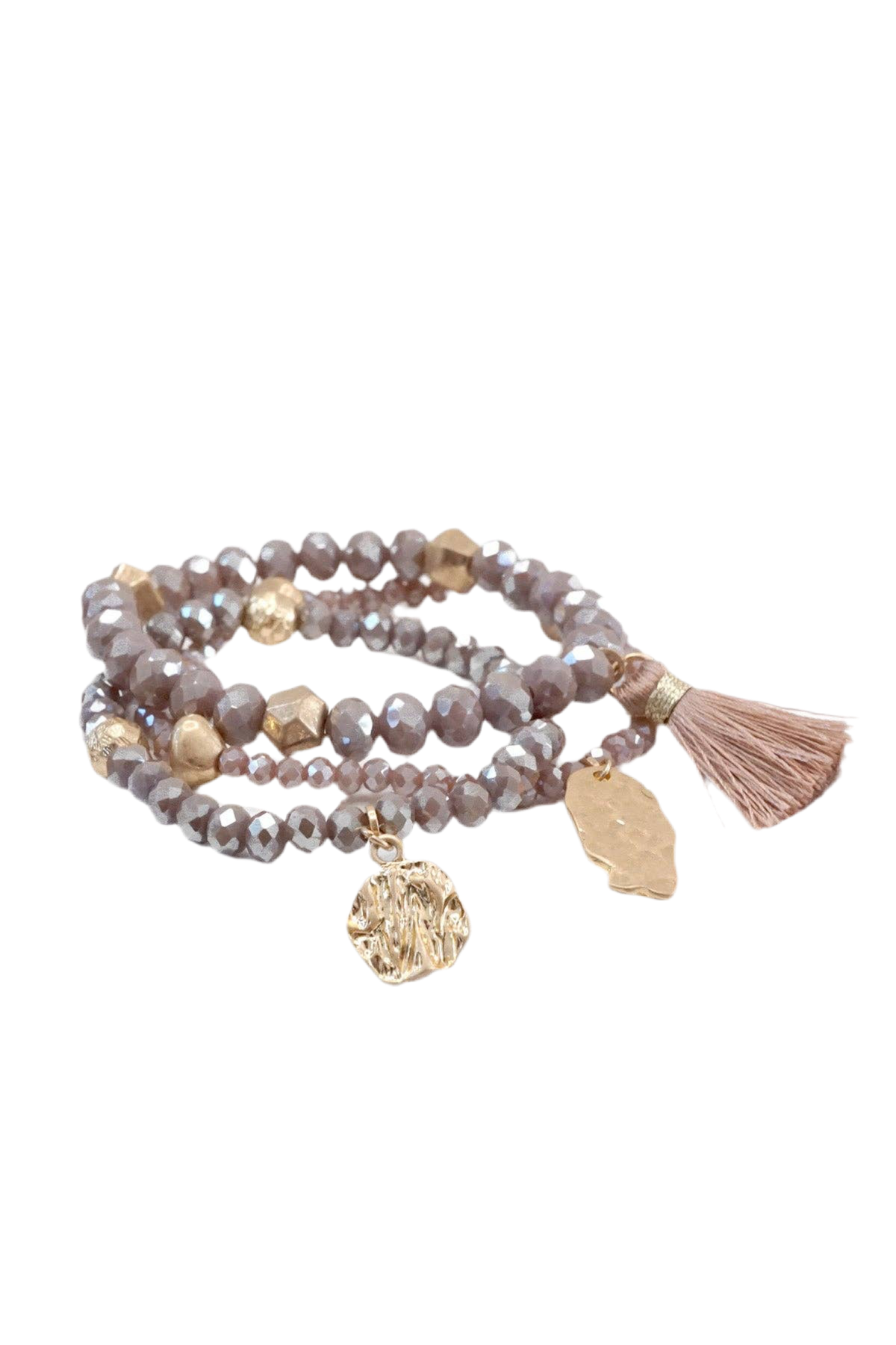 Beaded bracelet stack with tassel coin Aqua Taupe Rose Black
