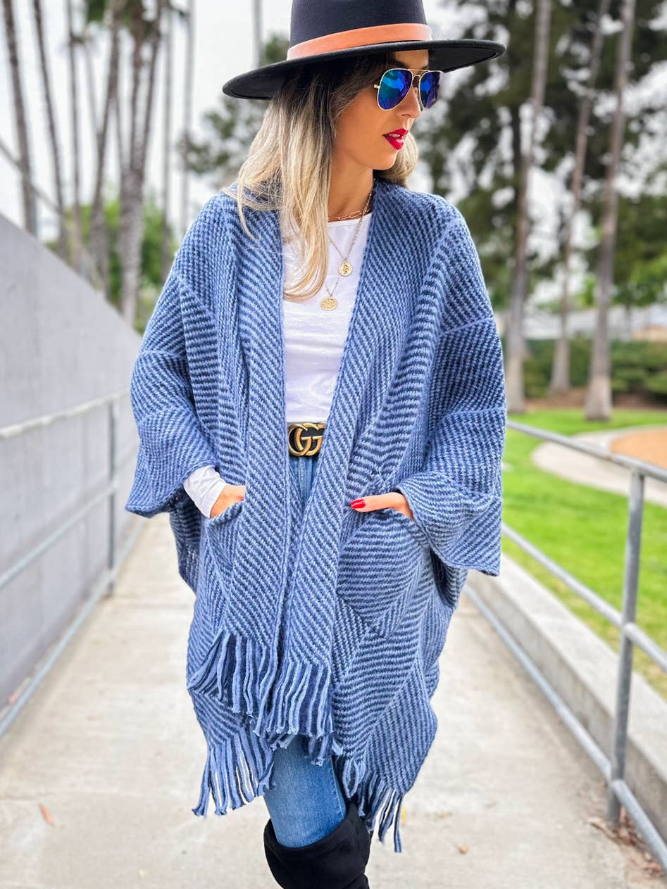 Navy Chevron Knitted Ruana Cardigan with Tassels and Pockets