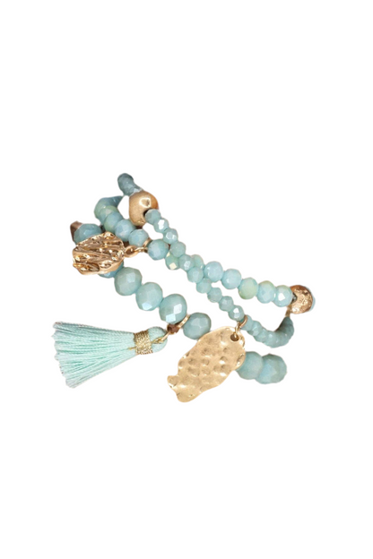 Beaded bracelet stack with tassel coin Aqua Taupe Rose Black