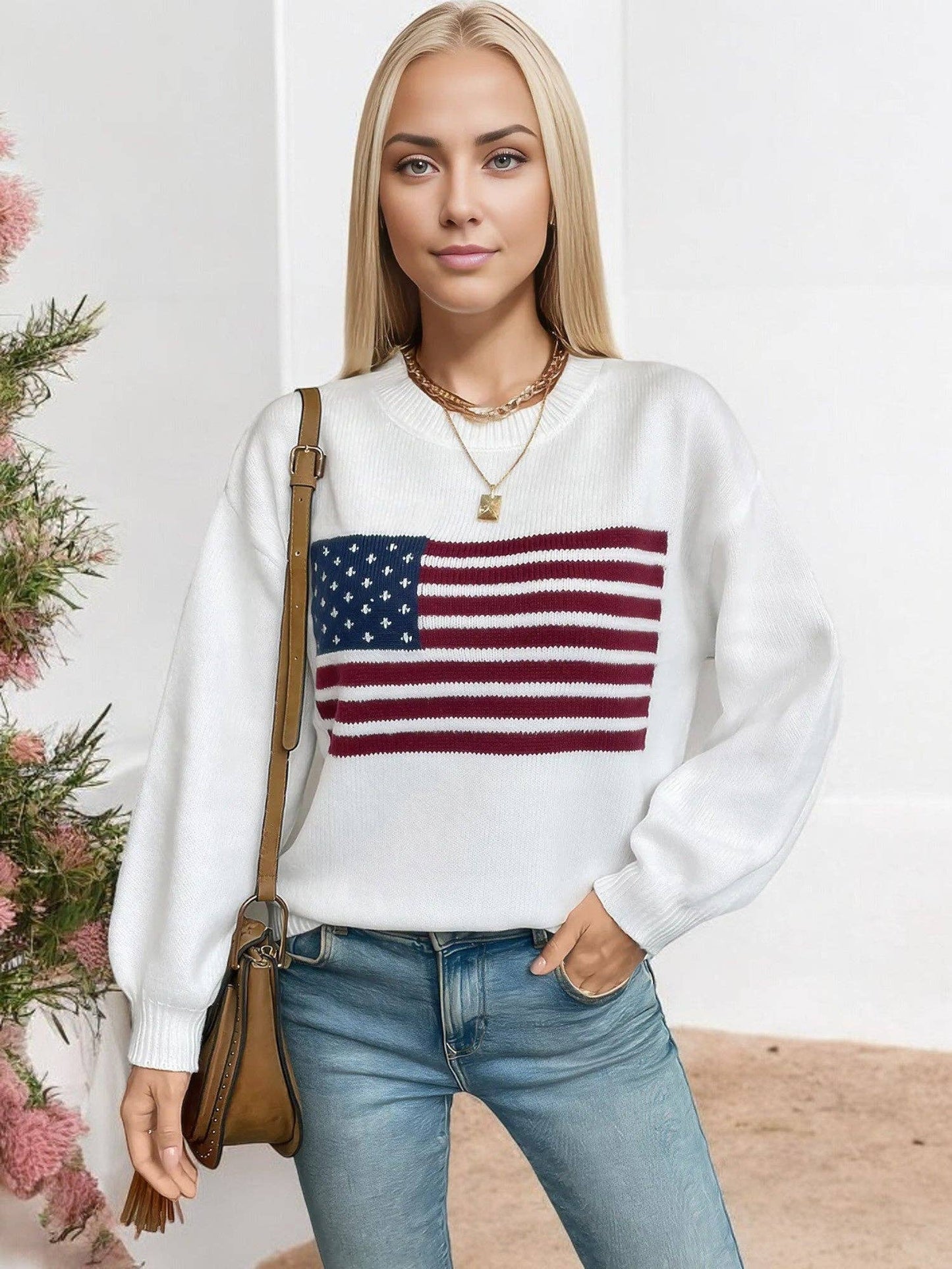 Women's American Flag Knit Sweater with Crew Neck and Long Sleeves