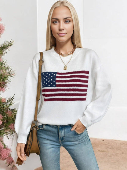 Women's American Flag Knit Sweater with Crew Neck and Long Sleeves