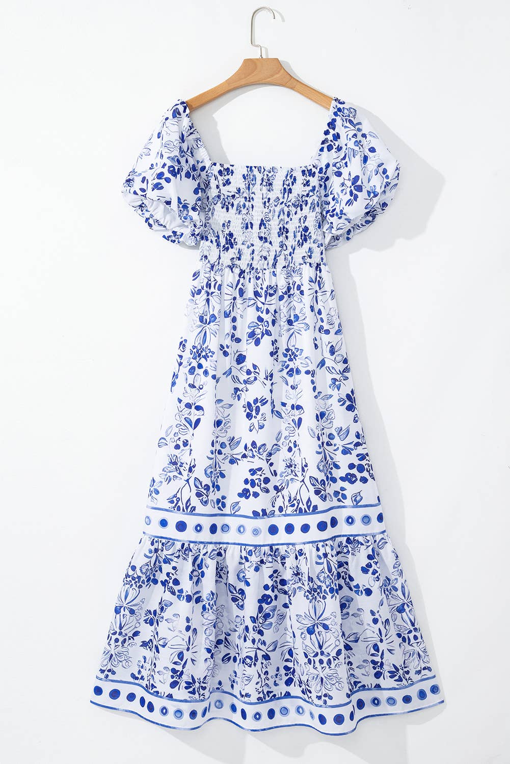Floral Print Square Neck Bubble Sleeve High Waist Maxi Dress