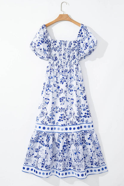 Floral Print Square Neck Bubble Sleeve High Waist Maxi Dress