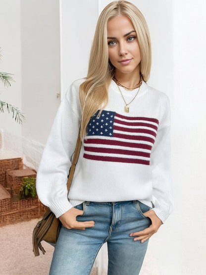 Women's American Flag Knit Sweater with Crew Neck and Long Sleeves