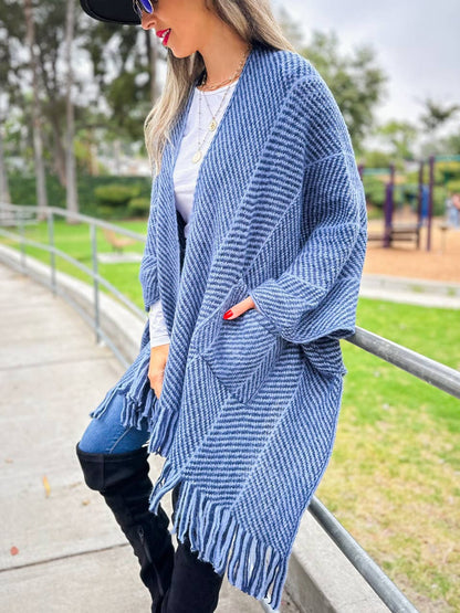 Navy Chevron Knitted Ruana Cardigan with Tassels and Pockets