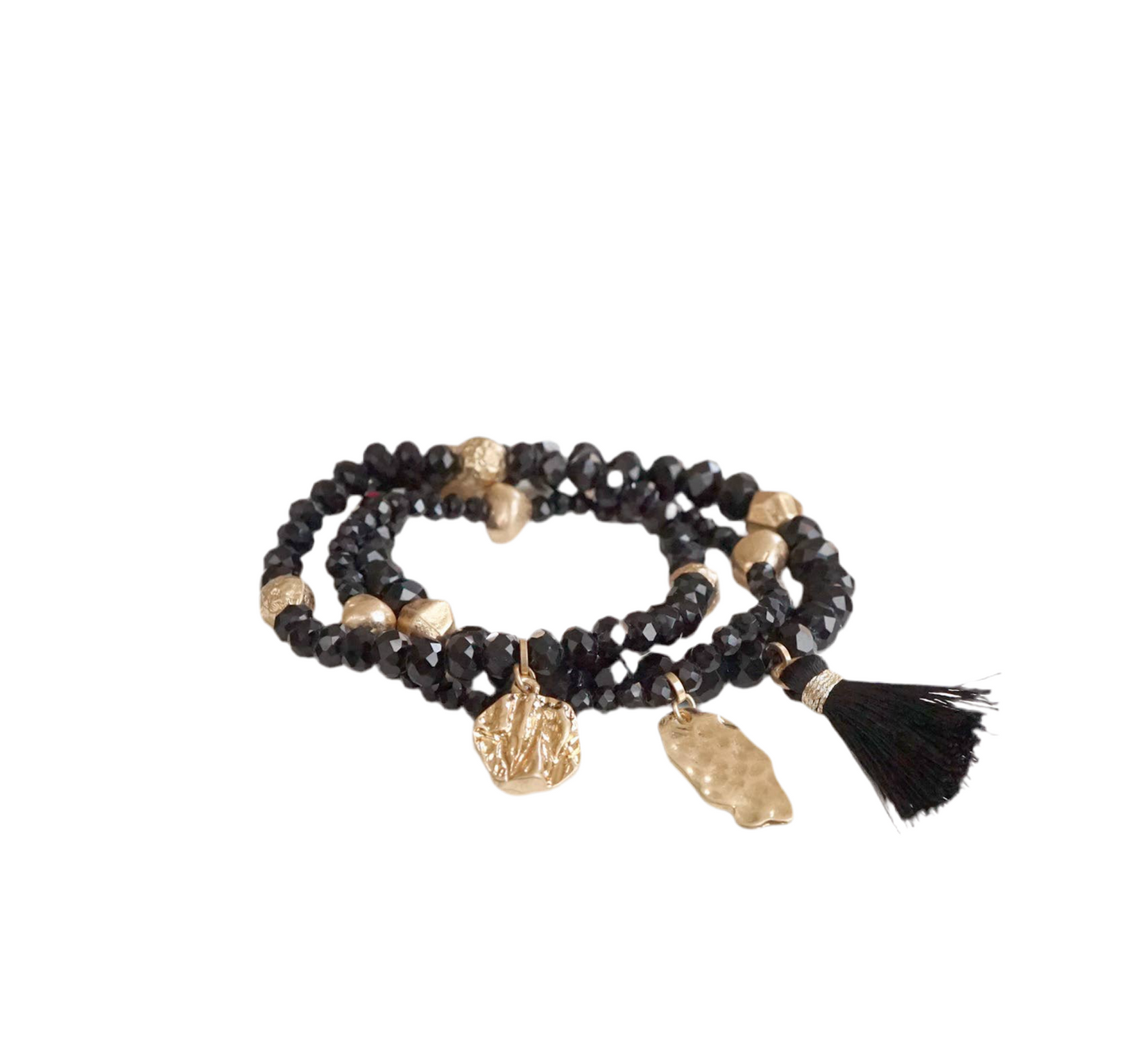 Beaded bracelet stack with tassel coin Aqua Taupe Rose Black