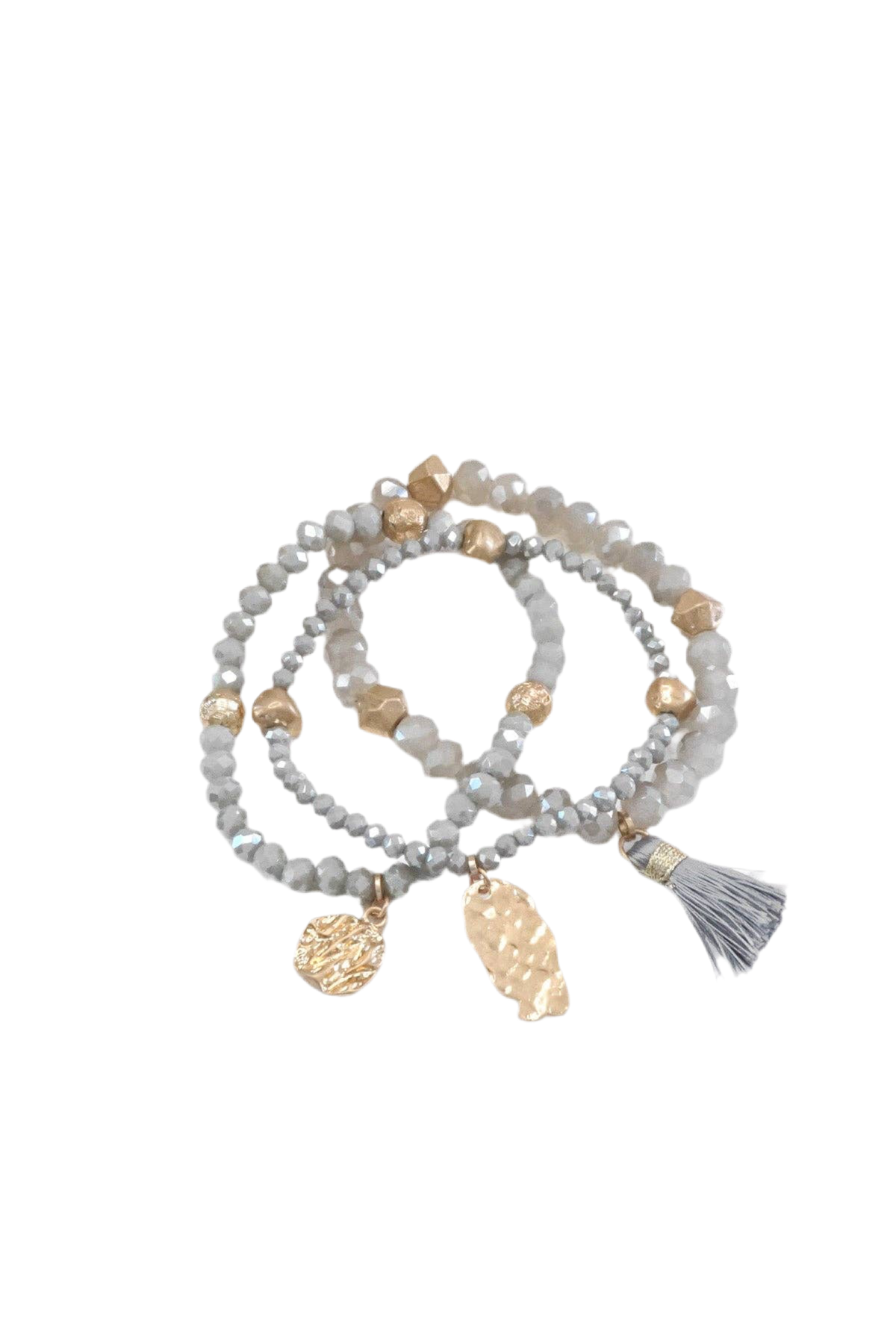 Beaded bracelet stack with tassel coin Aqua Taupe Rose Black