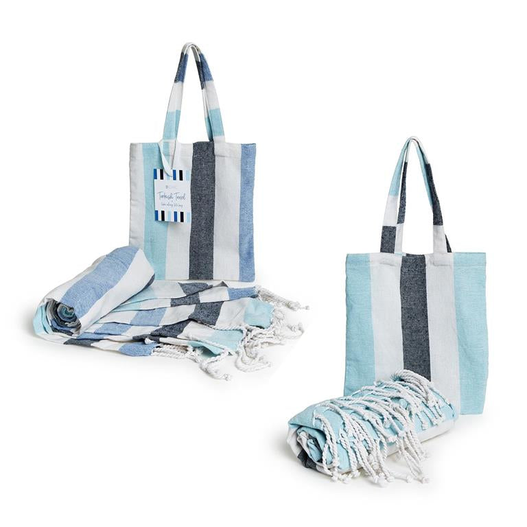 Blue Stripe Turkish Towel and Bag