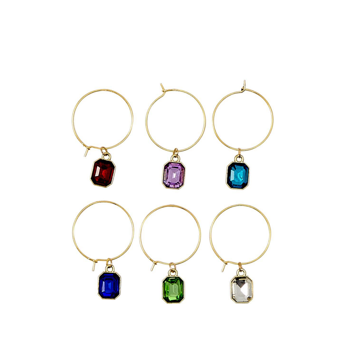 Set of 6 Gems Wine Glass Charm Identifiers in Gift Box Includes 6 Colors: Red, Pink, Teal, Cobalt, Lime, Clear - Glass/Iron/Zinc Alloy