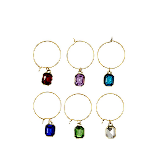 Set of 6 Gems Wine Glass Charm Identifiers in Gift Box Includes 6 Colors: Red, Pink, Teal, Cobalt, Lime, Clear - Glass/Iron/Zinc Alloy