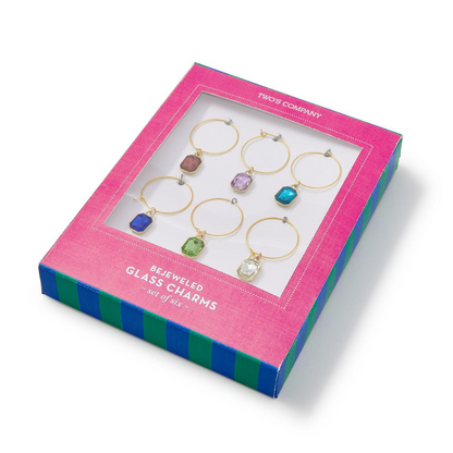 Set of 6 Gems Wine Glass Charm Identifiers in Gift Box Includes 6 Colors: Red, Pink, Teal, Cobalt, Lime, Clear - Glass/Iron/Zinc Alloy