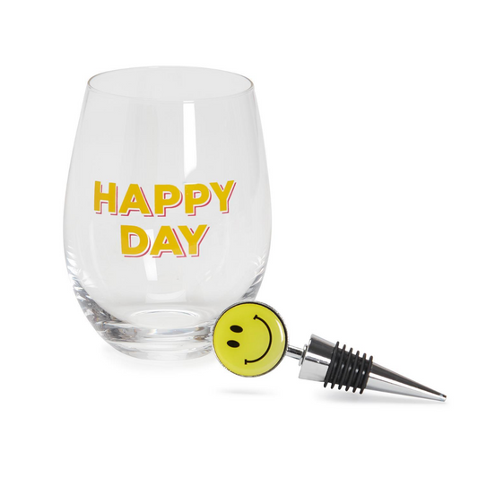 Happy Day Stemless Wine Glass with Smile Face Wine Stopper