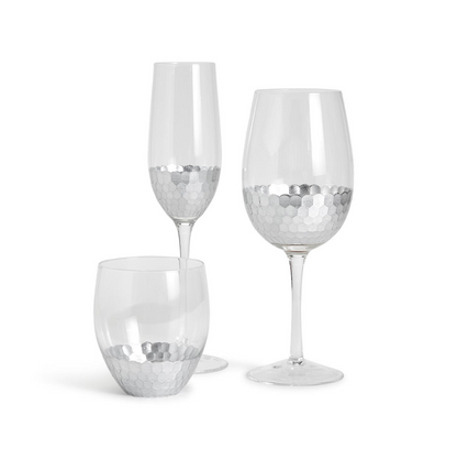Silver Sparkle 24 Pc Faceted Drinking Glass Unit Includes 3 Styles: Champagne Flute, Stemless Glass, Wine Glass