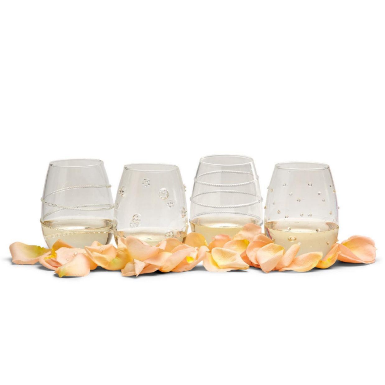 Verre Stemless Wine Glass Assorted 4 Designs: Flower, Spiral, Dots, Rings