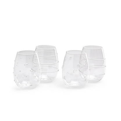 Verre Stemless Wine Glass Assorted 4 Designs: Flower, Spiral, Dots, Rings