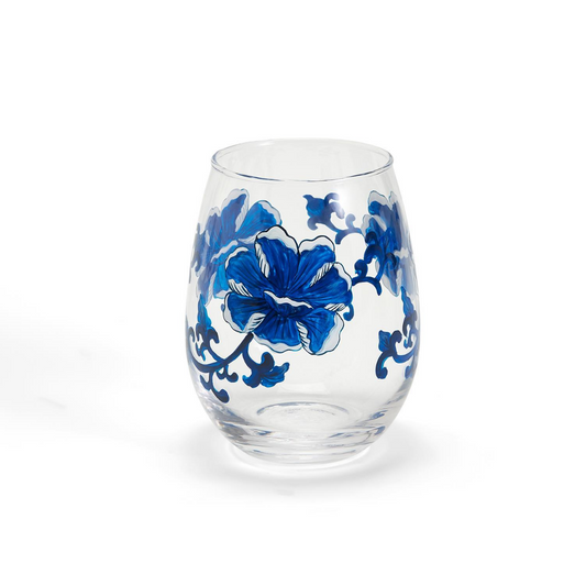 Blue and White Flower Set of 4 Hand-Painted Stemless Wine Glass