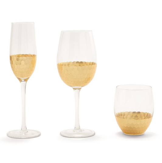Gold Standard 24 Pc Faceted Drinking Glass Unit Includes 3 Styles: Champagne Flute, Stemless Glass, Wine Glass