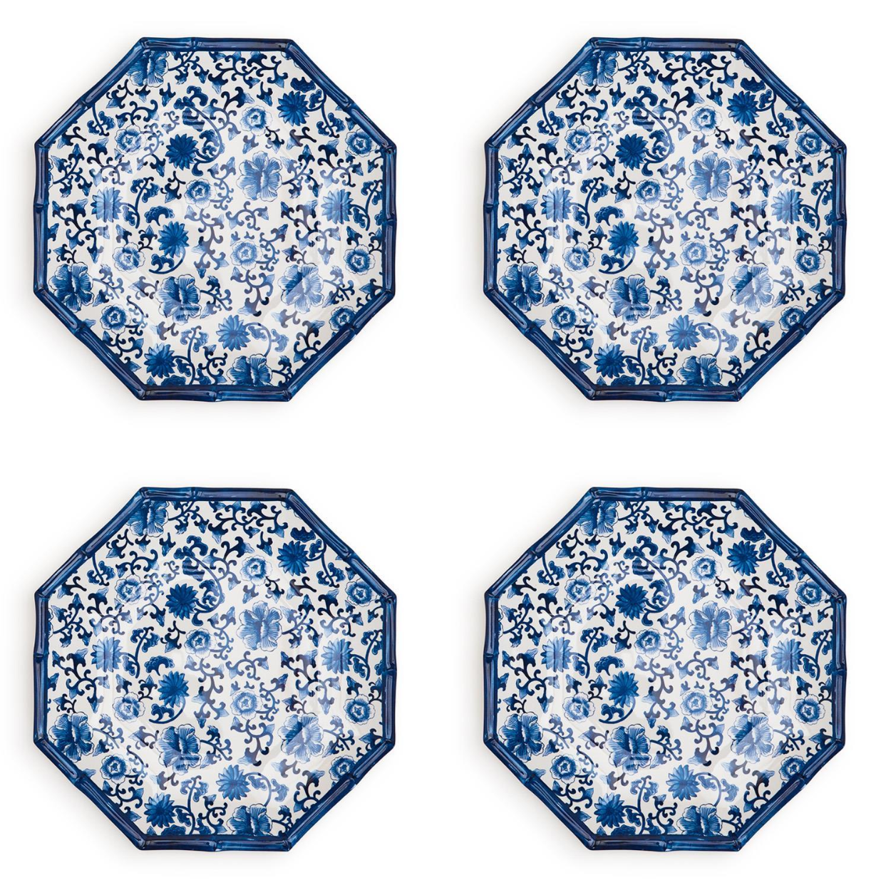 Chinoiserie Touch Set of 4 Octagonal Salad/Dessert Plate with Bamboo Rim
