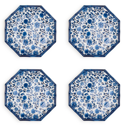 Chinoiserie Touch Set of 4 Octagonal Salad/Dessert Plate with Bamboo Rim