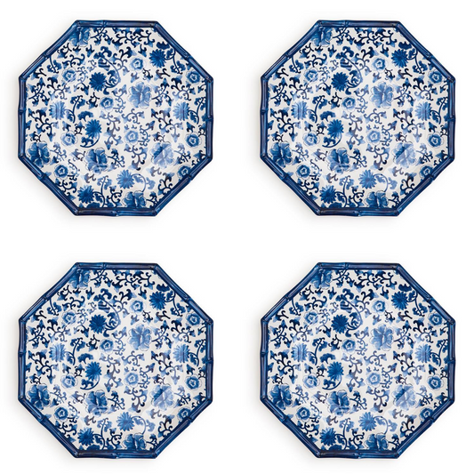 Chinoiserie Touch Set of 4 Octagonal Salad/Dessert Plate with Bamboo Rim