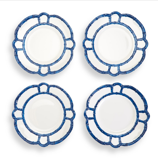 Blue Bamboo Set of 4 Salad / Dessert Plates with Bamboo Rim