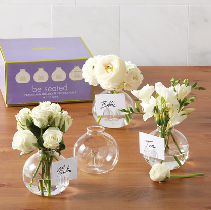 Be Seated Set of 4 Bud Vase/Place Card Holder in Gift Box - Hand-Blown Glass