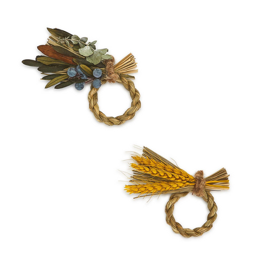 All Natural 24 Pc Hand-Crafted Napkin Ring Unit Includes 2 Styles: Olive Leaf and Wheat