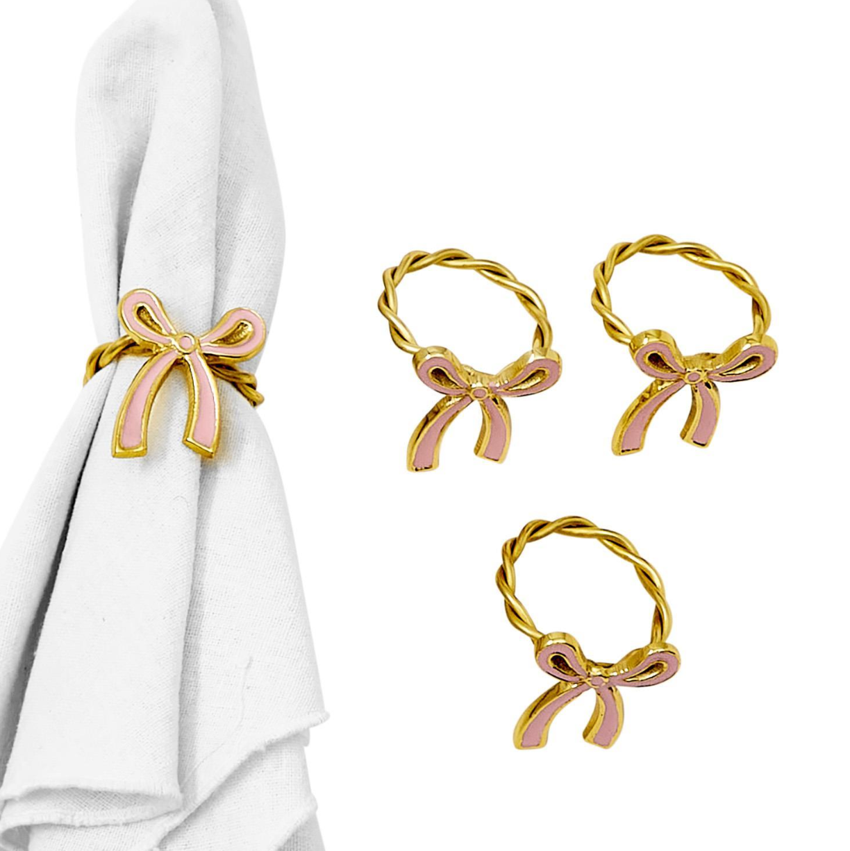 Set of 4 Bow Napkin Rings in Gift Box - Nickel/Gold Enamel