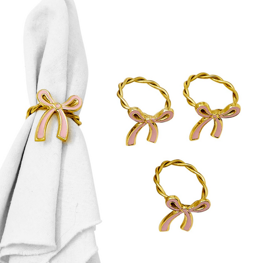 Set of 4 Bow Napkin Rings in Gift Box - Nickel/Gold Enamel
