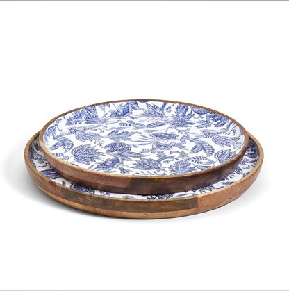 Blue Batik Hand-Crafted Set of 2 Wood Round Tray with Enamel