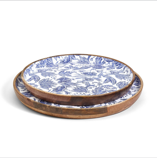 Blue Batik Hand-Crafted Set of 2 Wood Round Tray with Enamel