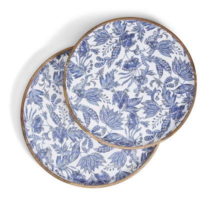 Blue Batik Hand-Crafted Set of 2 Wood Round Tray with Enamel