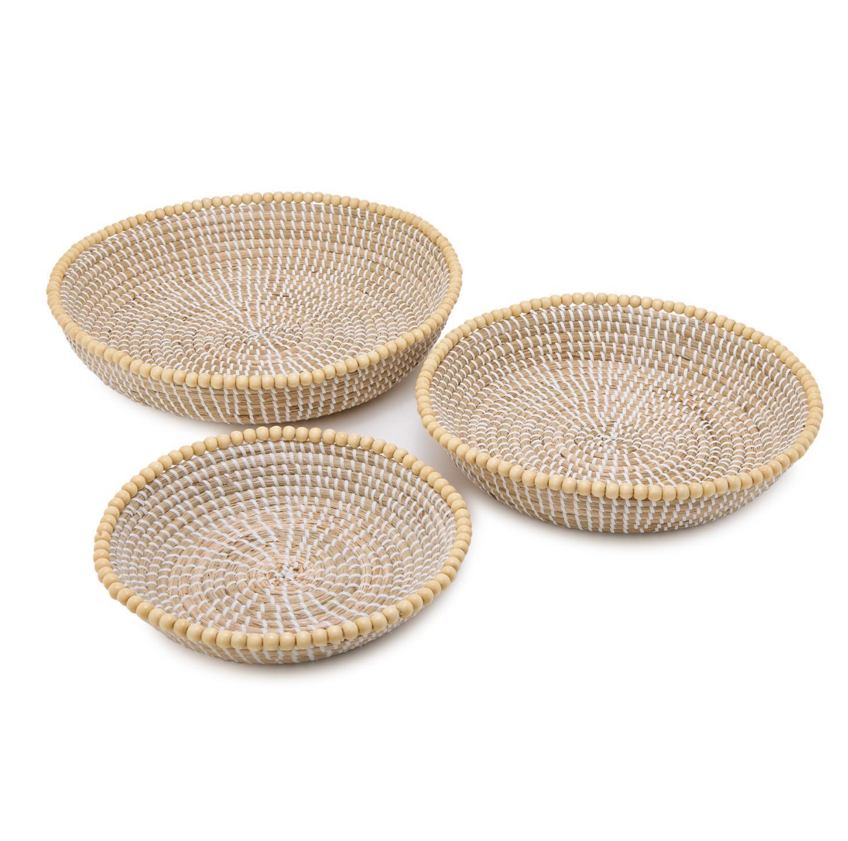 Set of 3 Natural Seagrass Decorative Round Trays with Decorative Wooden Bead Accent