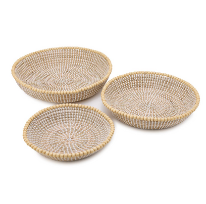 Set of 3 Natural Seagrass Decorative Round Trays with Decorative Wooden Bead Accent