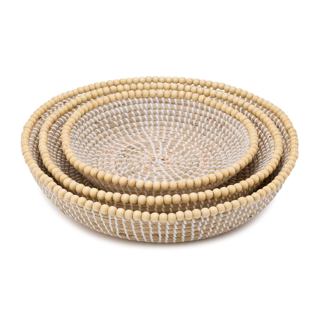 Set of 3 Natural Seagrass Decorative Round Trays with Decorative Wooden Bead Accent