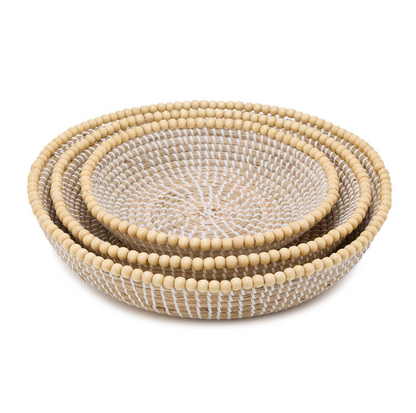Set of 3 Natural Seagrass Decorative Round Trays with Decorative Wooden Bead Accent