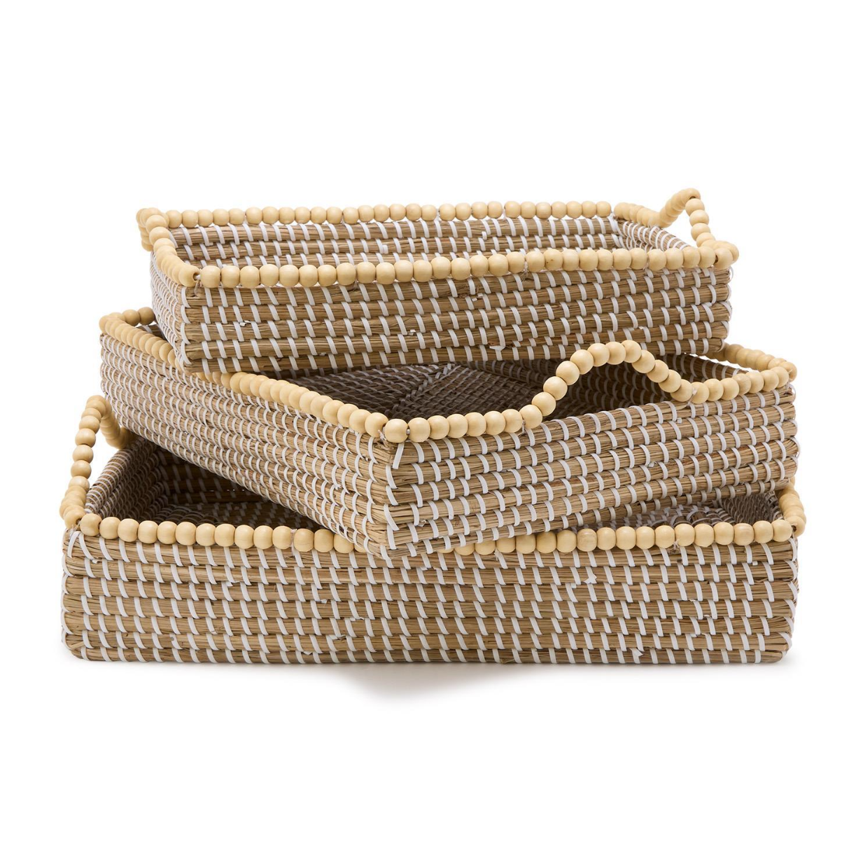 Set of 3 Natural Seagrass Decorative Rectangle Trays with Wooden Bead Accent