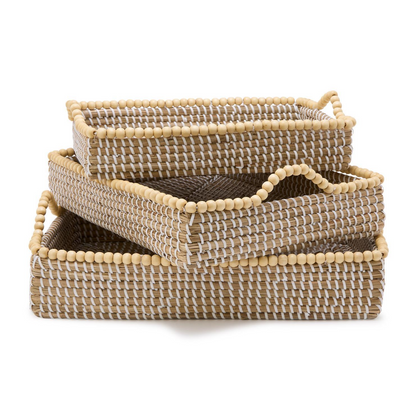Set of 3 Natural Seagrass Decorative Rectangle Trays with Wooden Bead Accent