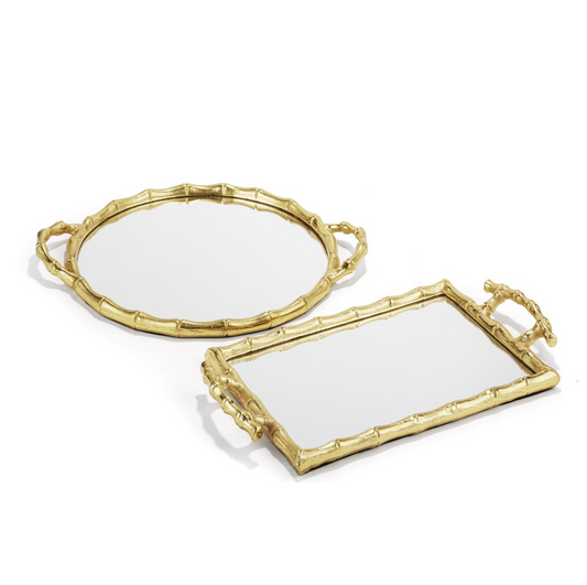 Golden Bamboo Mirror Decorative Tray Assorted 2 Designs: Round and Rectangle