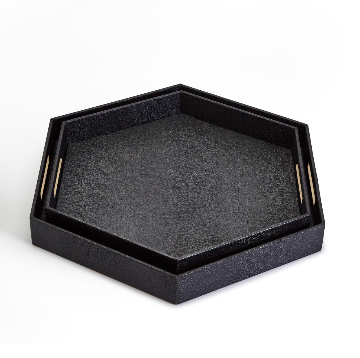 Set of 2 Black Hexagon Stingray Tray with Golden Handle