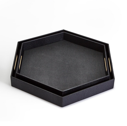 Set of 2 Black Hexagon Stingray Tray with Golden Handle