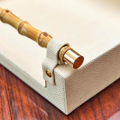 Set of 2 Antique Cream Faux Stingray Embossed Faux Leather Decorative Rectangle Tray with Genuine Bamboo Handles