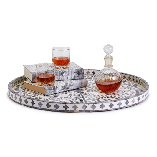 Jaipur Palace Gray and White Inlaid Decorative Round Serving Tray