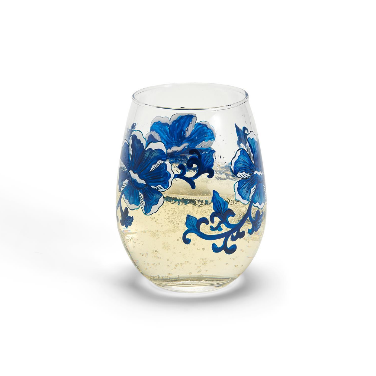 Blue and White Flower Set of 4 Hand-Painted Stemless Wine Glass
