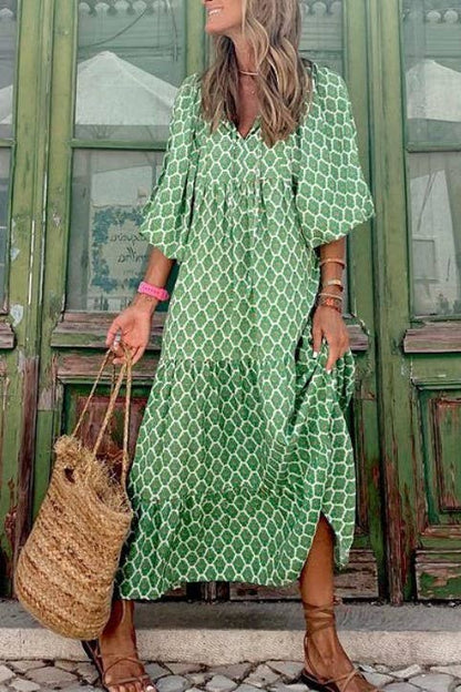 Bohemia Floral Balloon Sleeves loose flare swing dress
