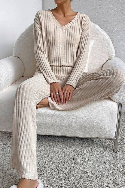Ribbed Knit V Neck Slouchy Two-piece Outfit