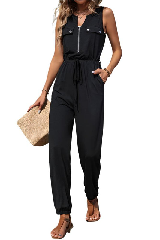 Zipper Down Drawstring Waist Sleeveless Jumpsuit