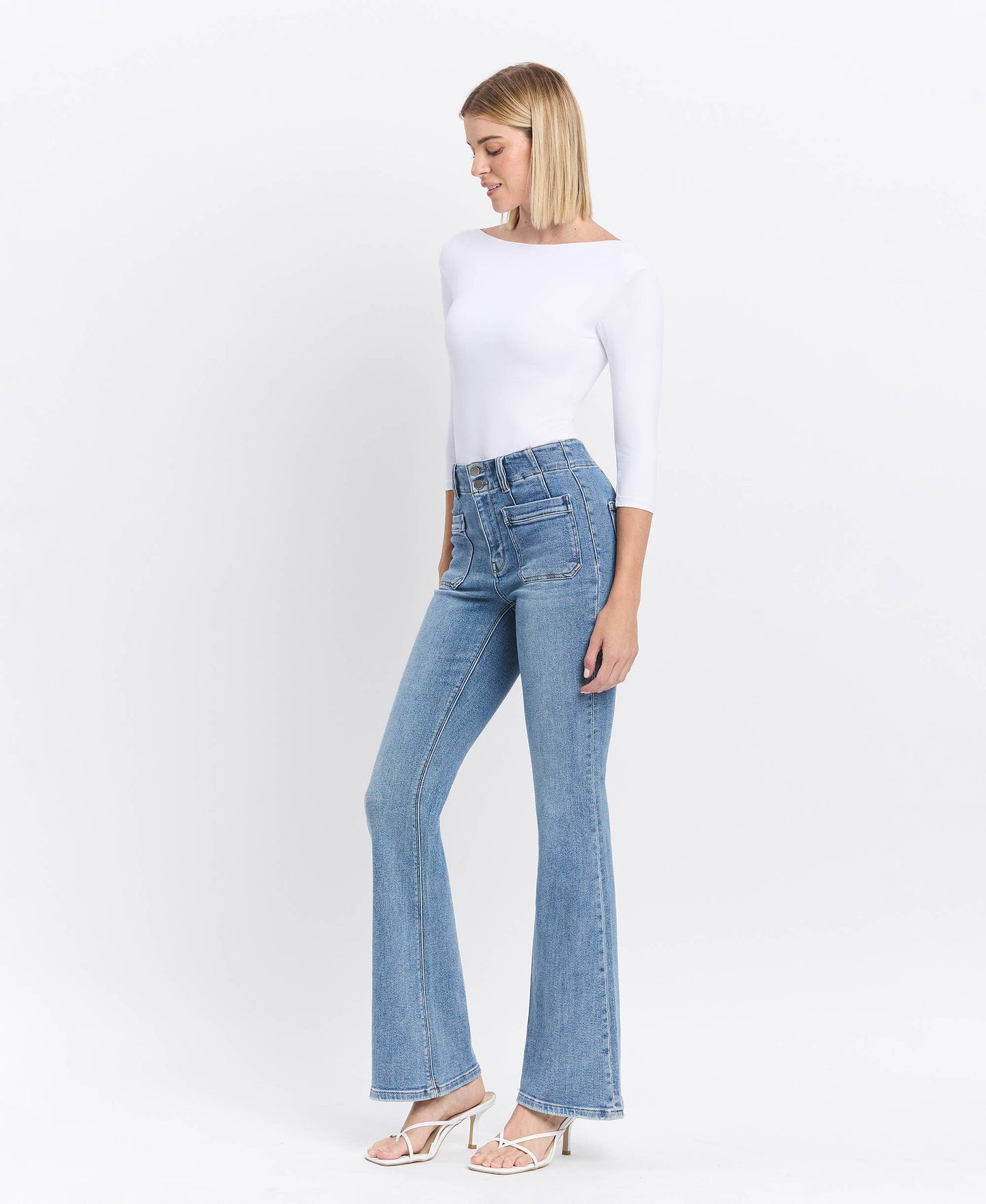 Flying Monkey High Rise Front Pocket with Dart Detail Flare Jeans