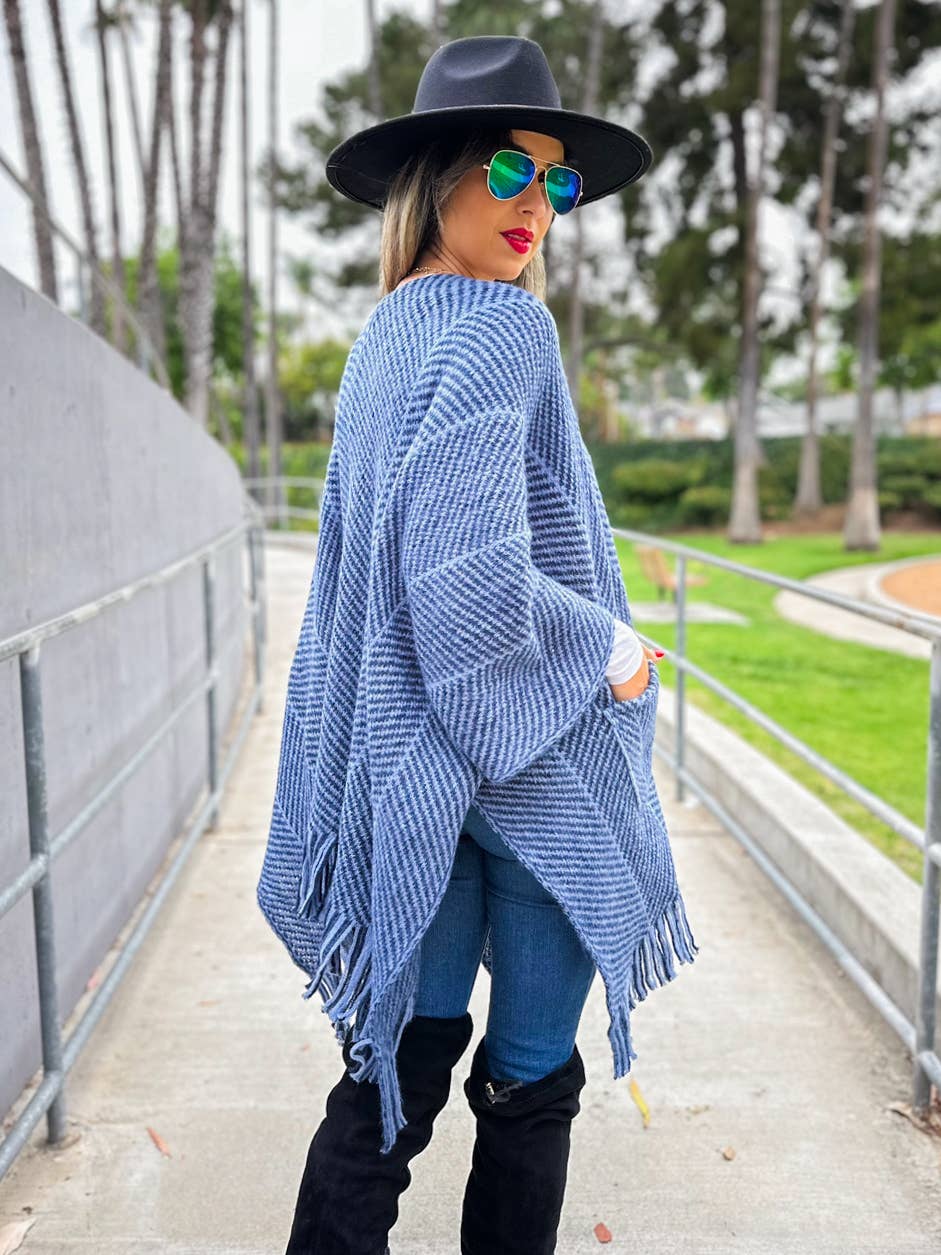 Navy Chevron Knitted Ruana Cardigan with Tassels and Pockets